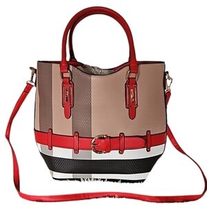 Plaid Zippered Tote Bag with Wide Base and Belt Detail in Mint Condition